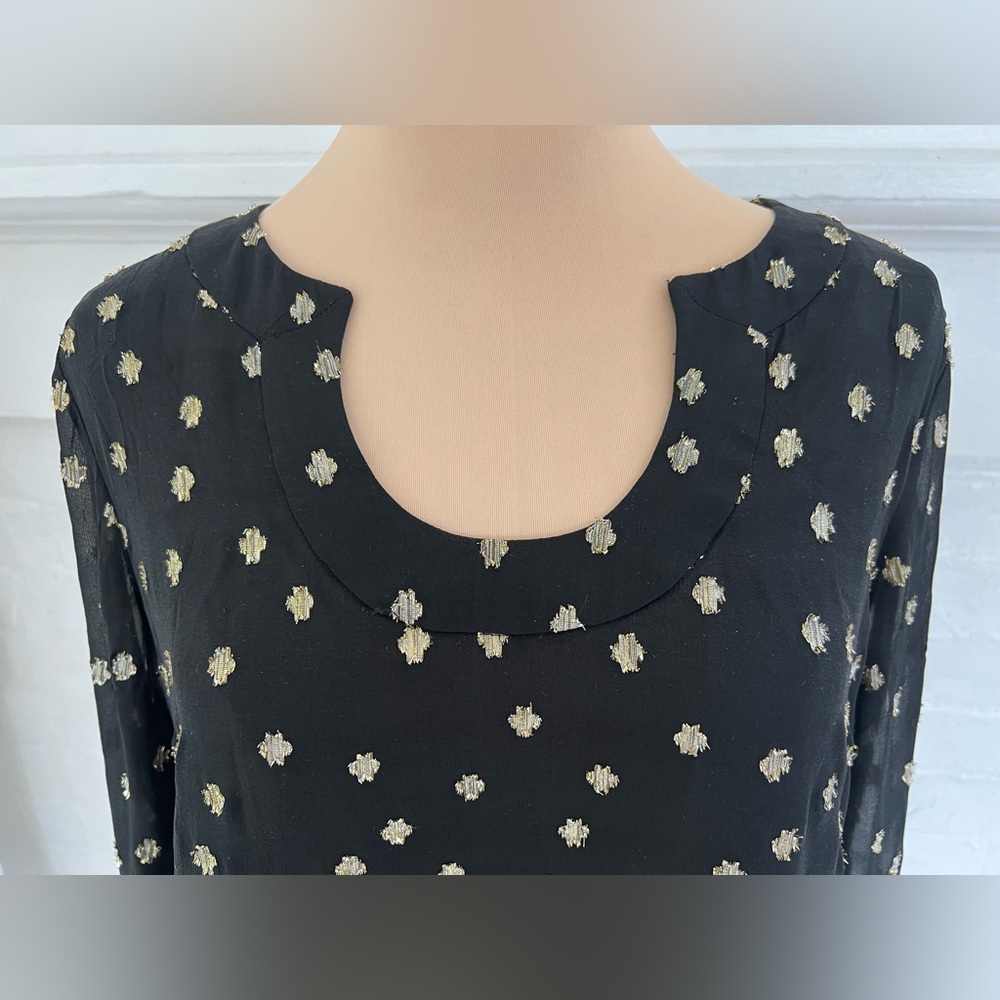 Lilly Pulitzer Amory Starry Silk Chiffon Blouse Black Gold Metallic Bell Sleeve - Picture 11 of 17